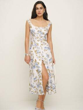 Reformation white blue floral Louisa linen midi button down dress size 0